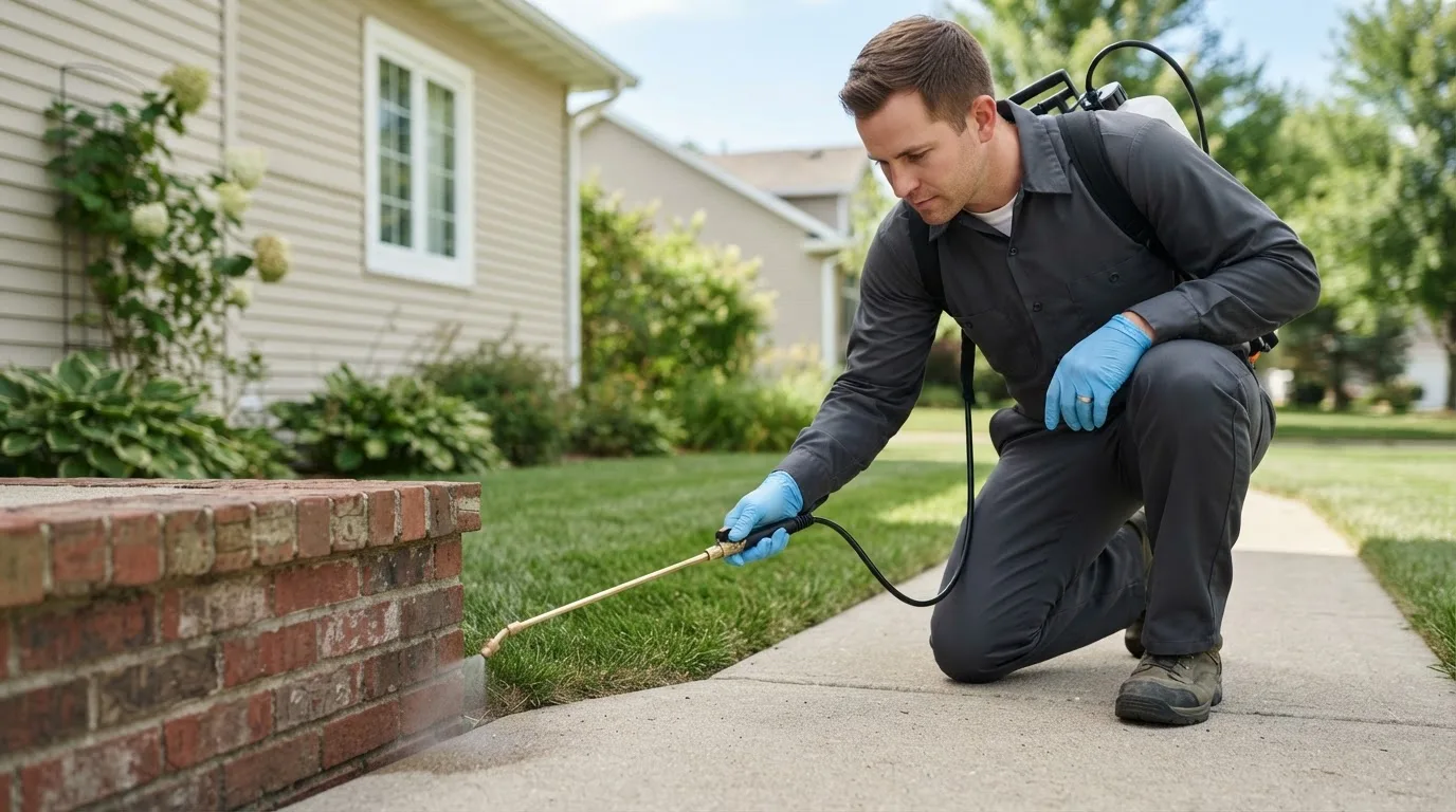 Pest control technician treating a home near Highland, IL