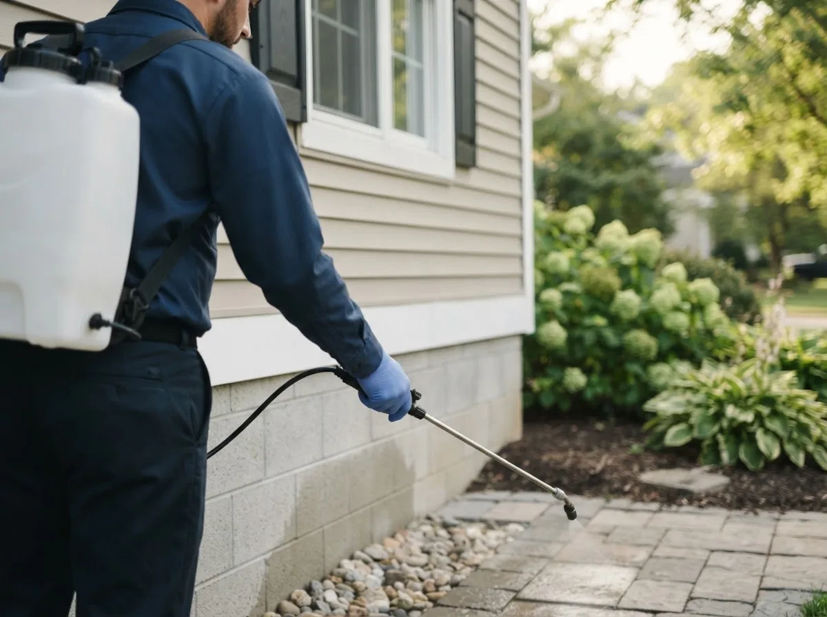 Pest control technician inspecting a home in Highland, IL